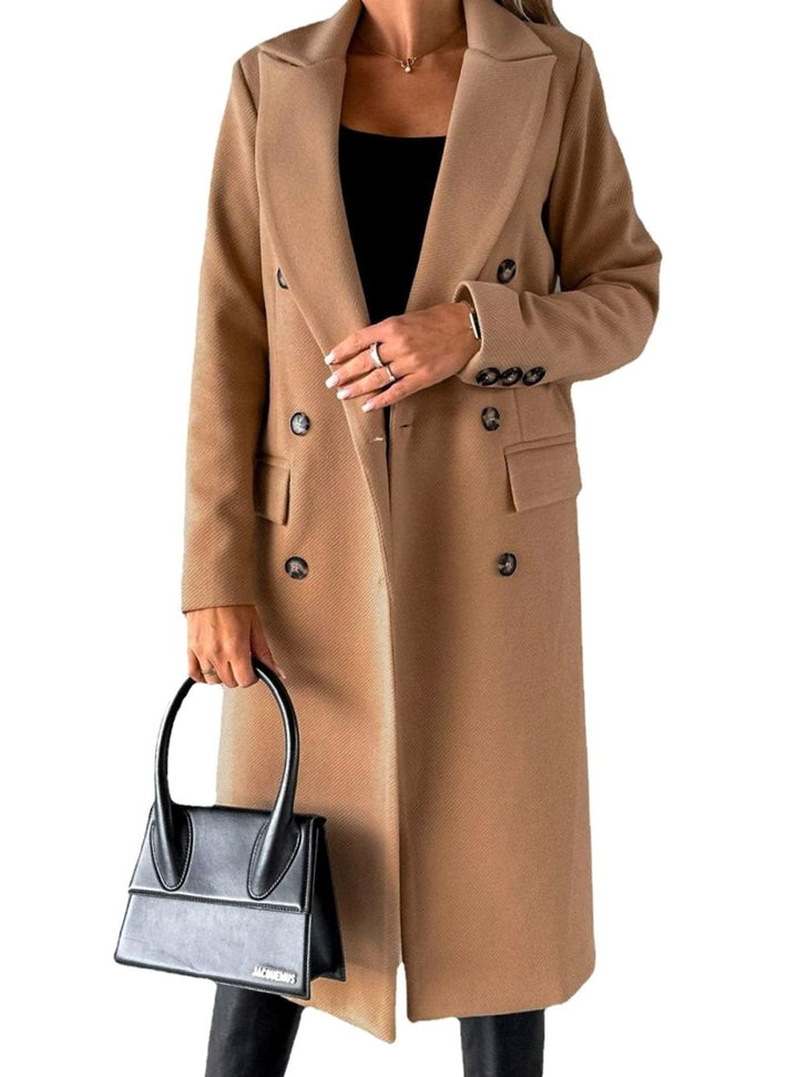 Women's Double-Breasted Longline Winter Trench Coat, Beige - Khaki