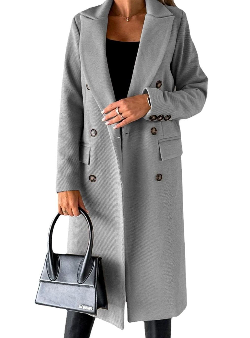 Women's Double-Breasted Longline Winter Trench Coat, Beige - Light Grey