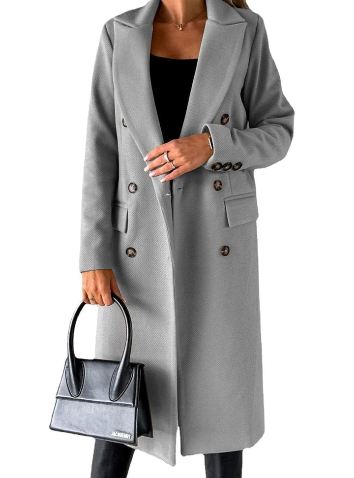 Women's Double-Breasted Longline Winter Trench Coat, Beige - Light Grey