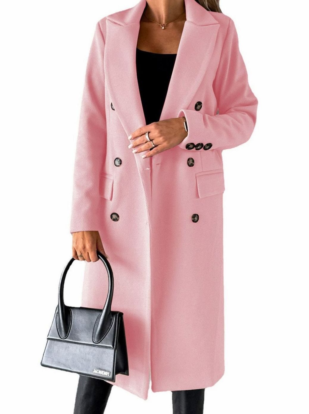 Women's Double-Breasted Longline Winter Trench Coat, Beige - Pink