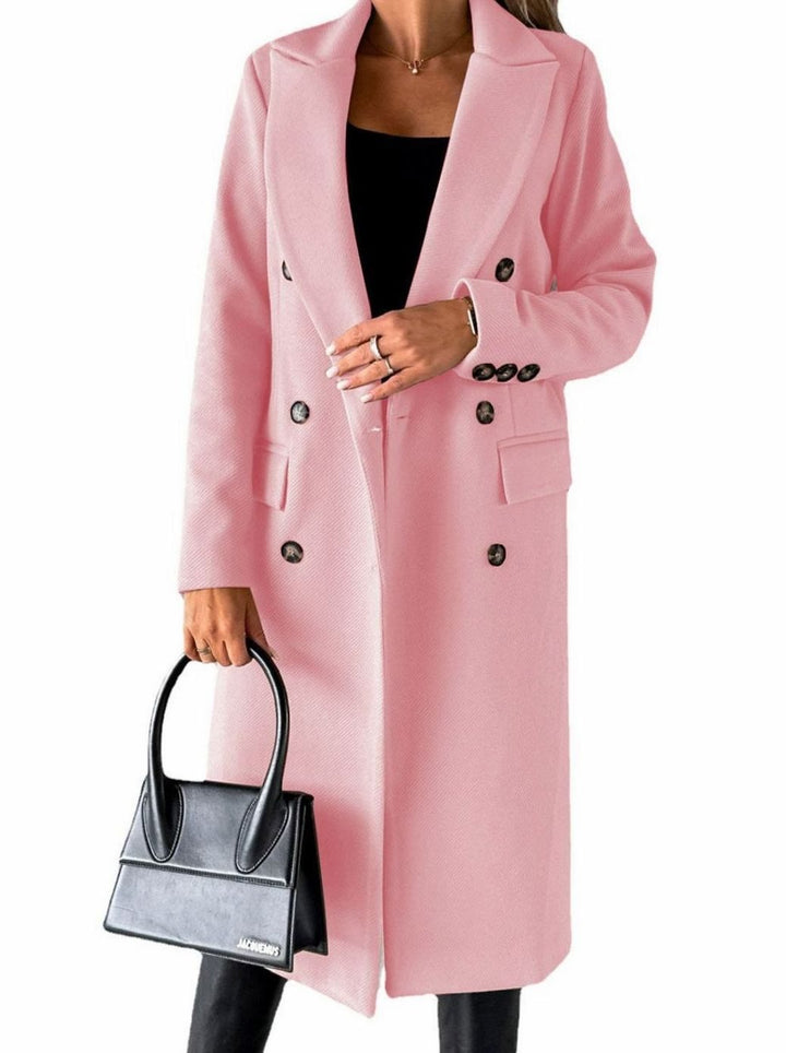 Women's Double-Breasted Longline Winter Trench Coat, Beige - Pink