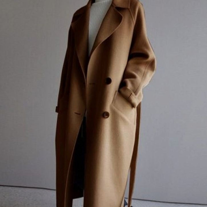 Women's Double-Breasted Longline Wool-Look Trench Coat, Beige - Brown