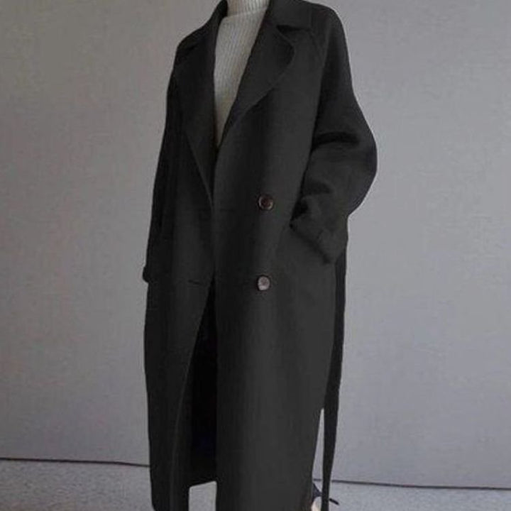 Women's Double-Breasted Longline Wool-Look Trench Coat, Beige - Black