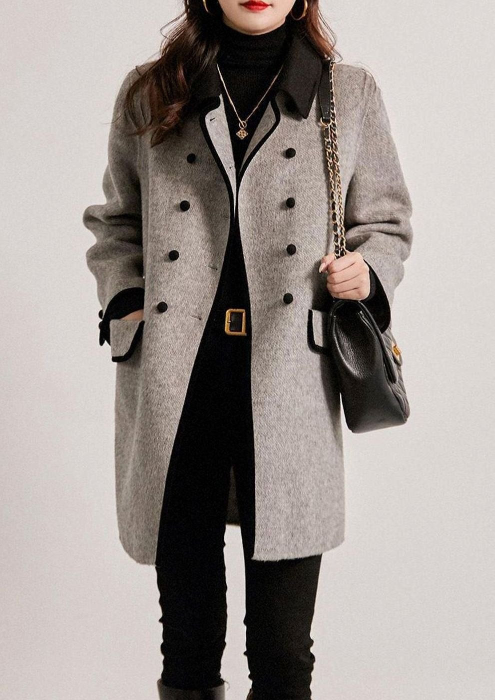 Women's Double-Breasted Patchwork Woollen Trench Coat