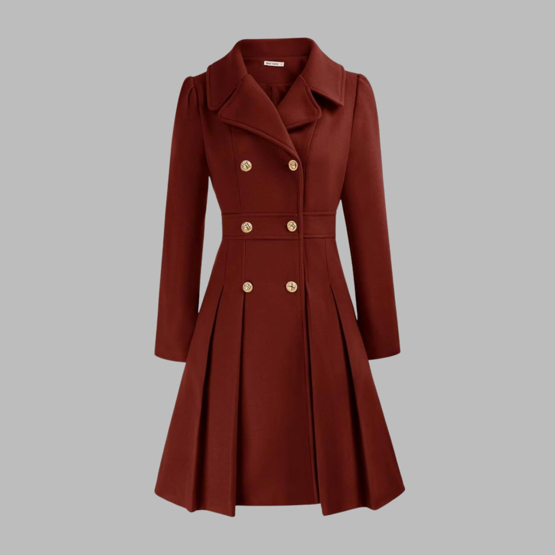 Women's Double-Breasted Pleated A-Line Wool-Look Coat - Deep Red