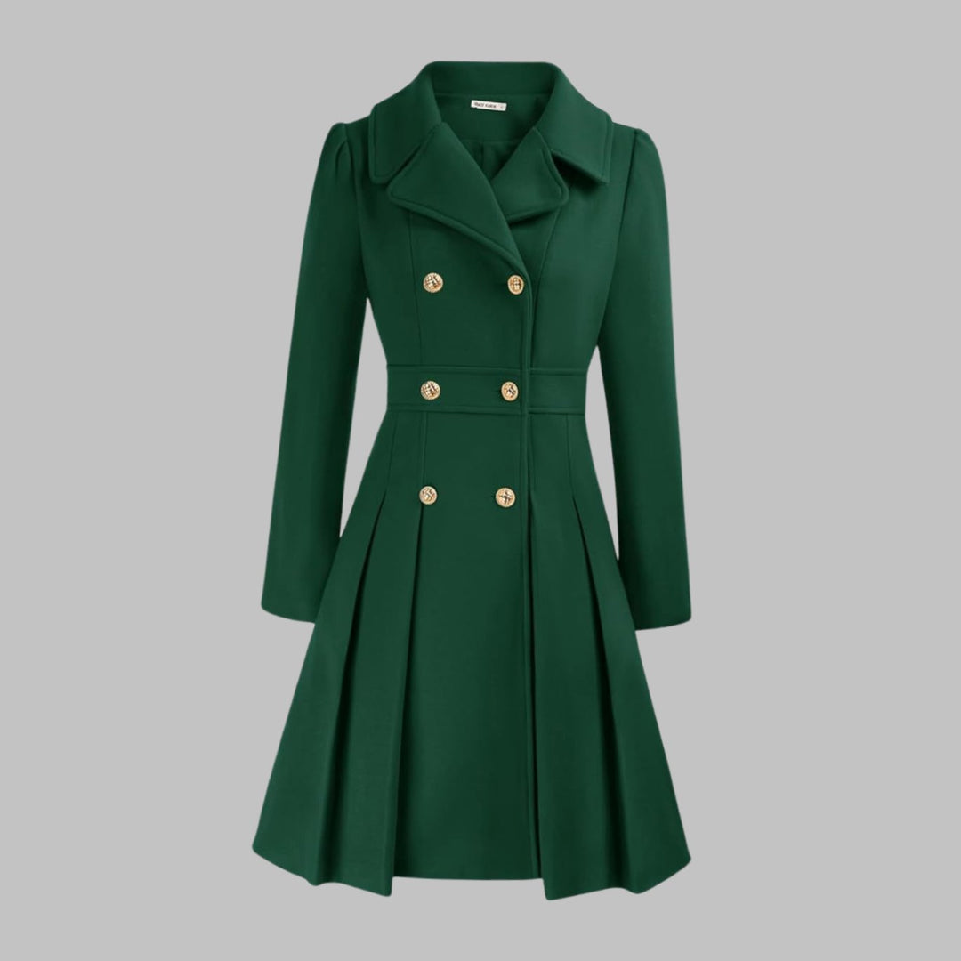 Women's Double-Breasted Pleated A-Line Wool-Look Coat - Teal