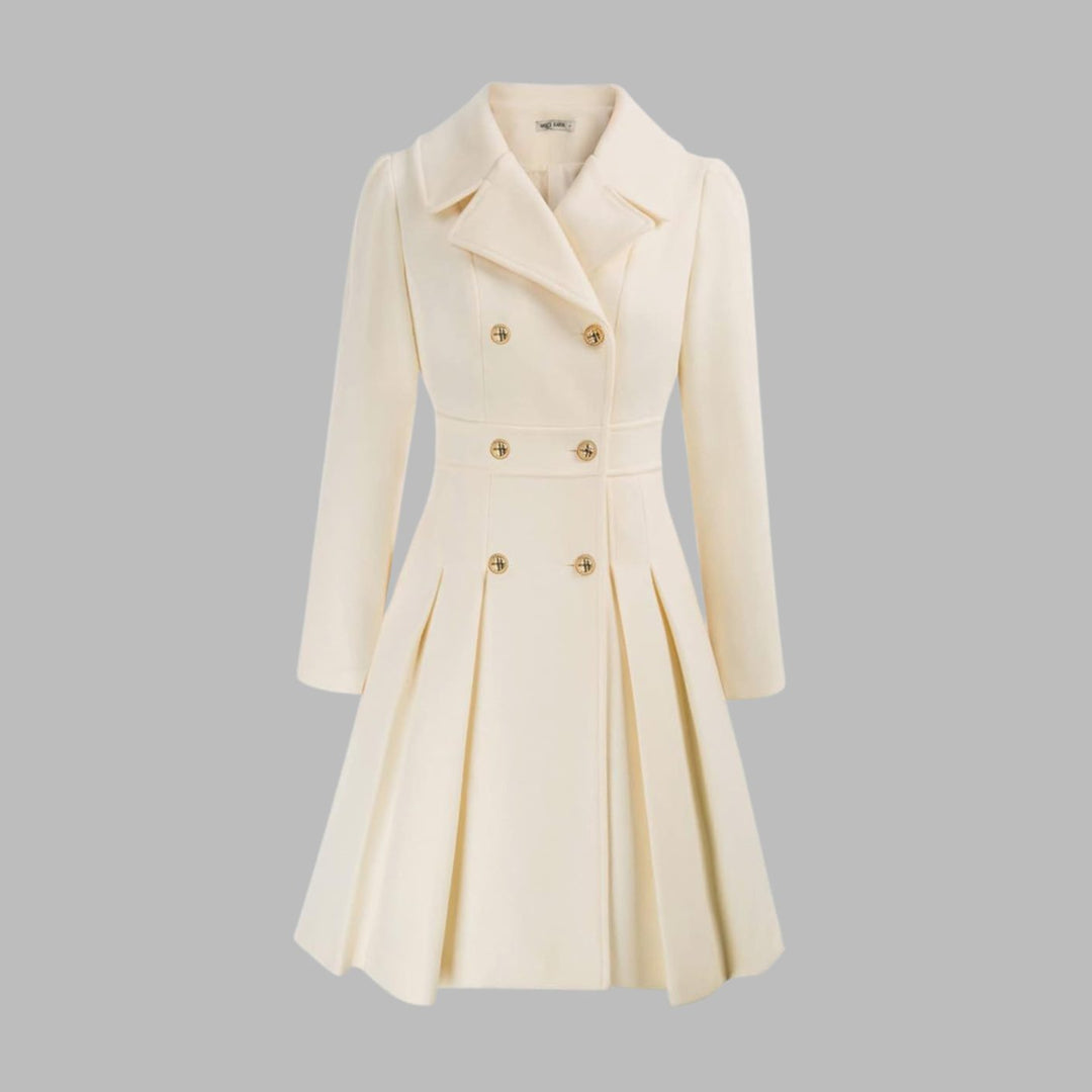 Women's Double-Breasted Pleated A-Line Wool-Look Coat - White