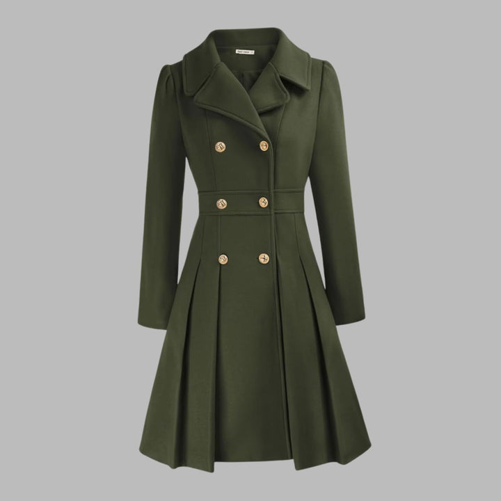 Women's Double-Breasted Pleated A-Line Wool-Look Coat - Army Green