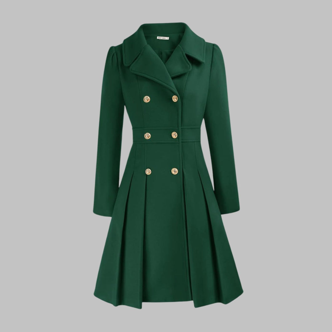 Women's Double-Breasted Pleated A-Line Wool-Look Coat - Dark Green