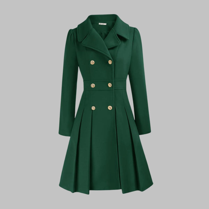 Women's Double-Breasted Pleated A-Line Wool-Look Coat - Dark Green