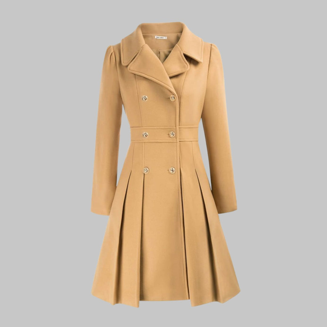 Women's Double-Breasted Pleated A-Line Wool-Look Coat - Khaki