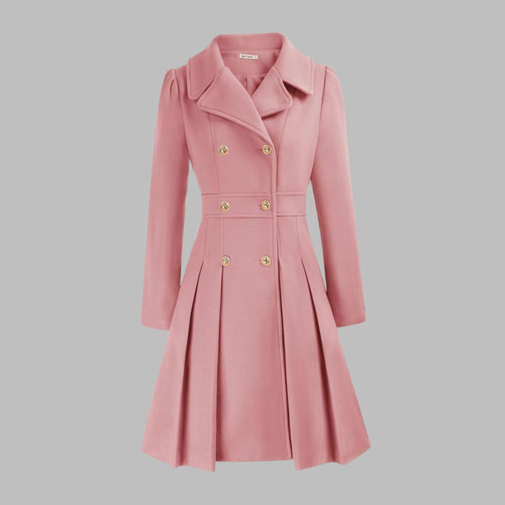 Women's Double-Breasted Pleated A-Line Wool-Look Coat - Pink