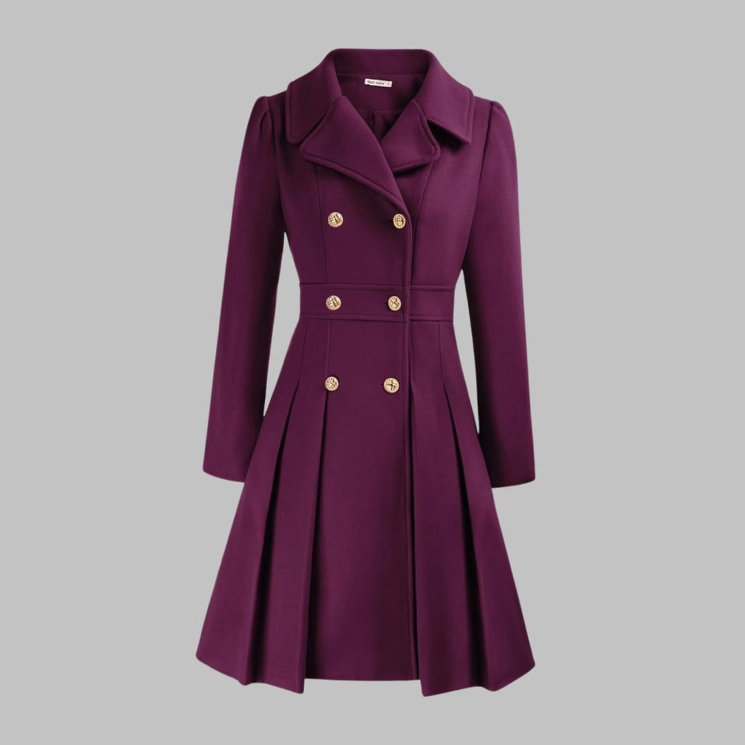 Women's Double-Breasted Pleated A-Line Wool-Look Coat - Purple