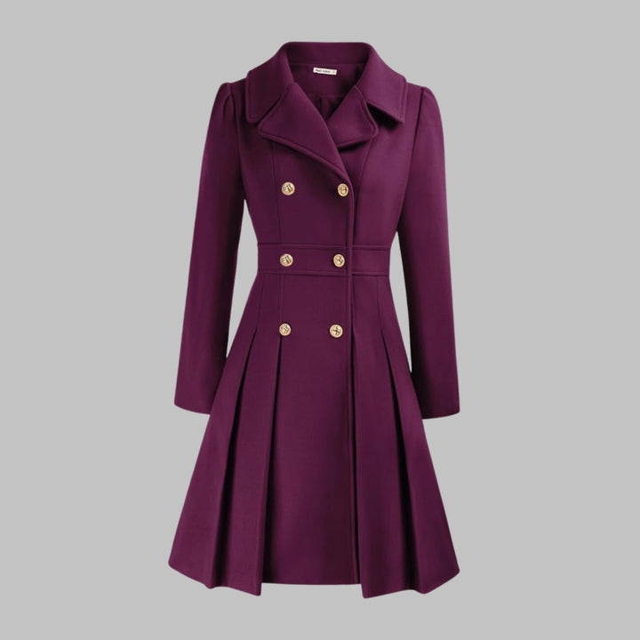 Women's Double-Breasted Pleated A-Line Wool-Look Coat - Purple