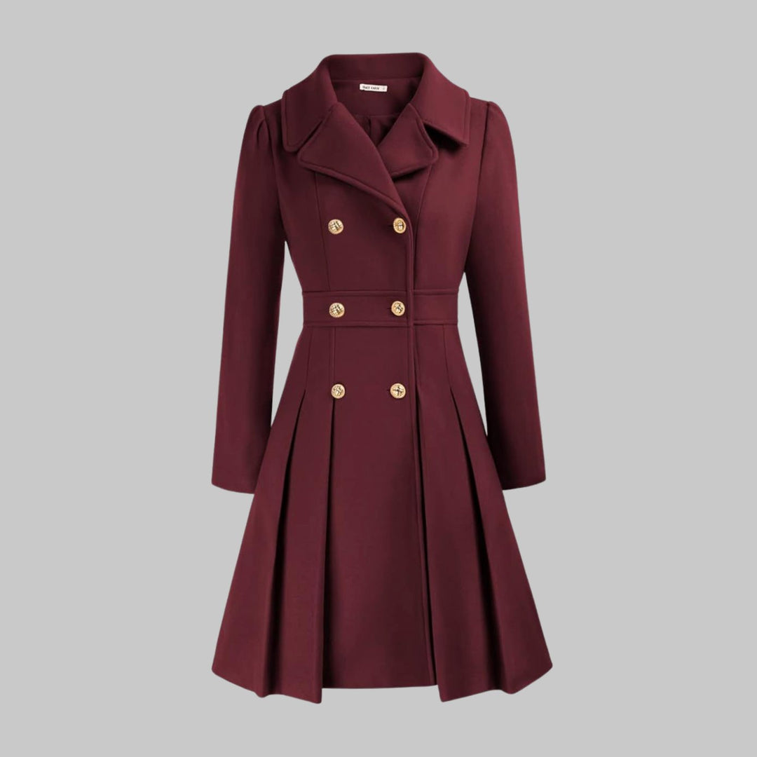 Women's Double-Breasted Pleated A-Line Wool-Look Coat - Burgundy