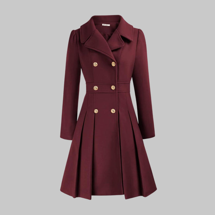 Women's Double-Breasted Pleated A-Line Wool-Look Coat - Burgundy