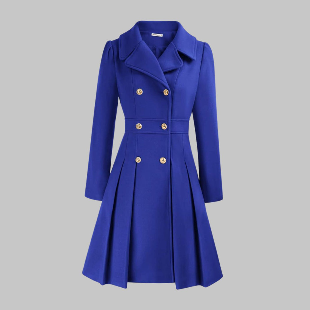 Women's Double-Breasted Pleated A-Line Wool-Look Coat - Royal Blue