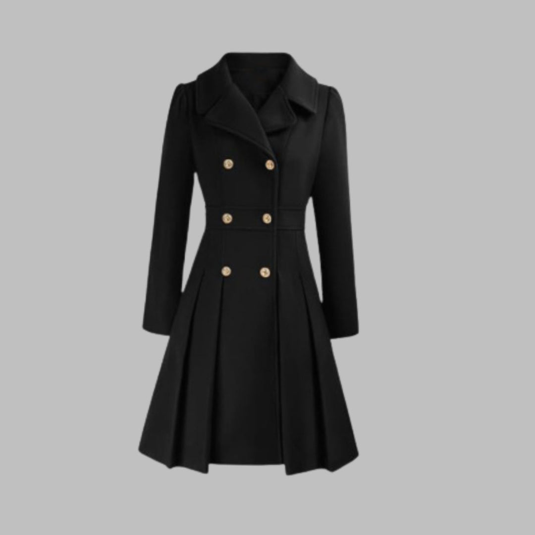 Women's Double-Breasted Pleated A-Line Wool-Look Coat - Black