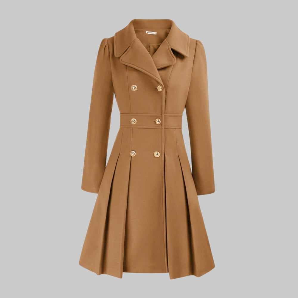 Women's Double-Breasted Pleated A-Line Wool-Look Coat - Camel