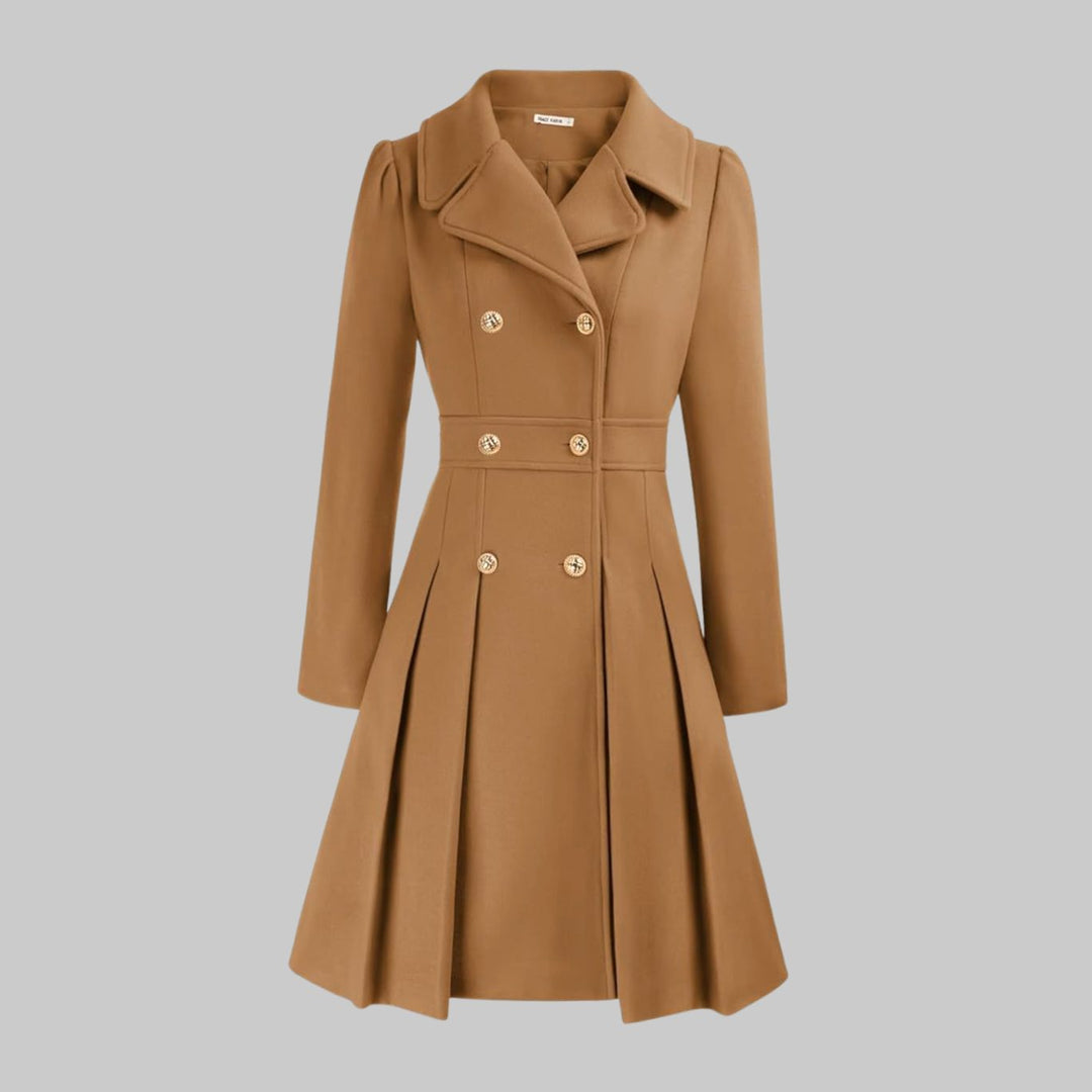 Women's Double-Breasted Pleated A-Line Wool-Look Coat - Camel