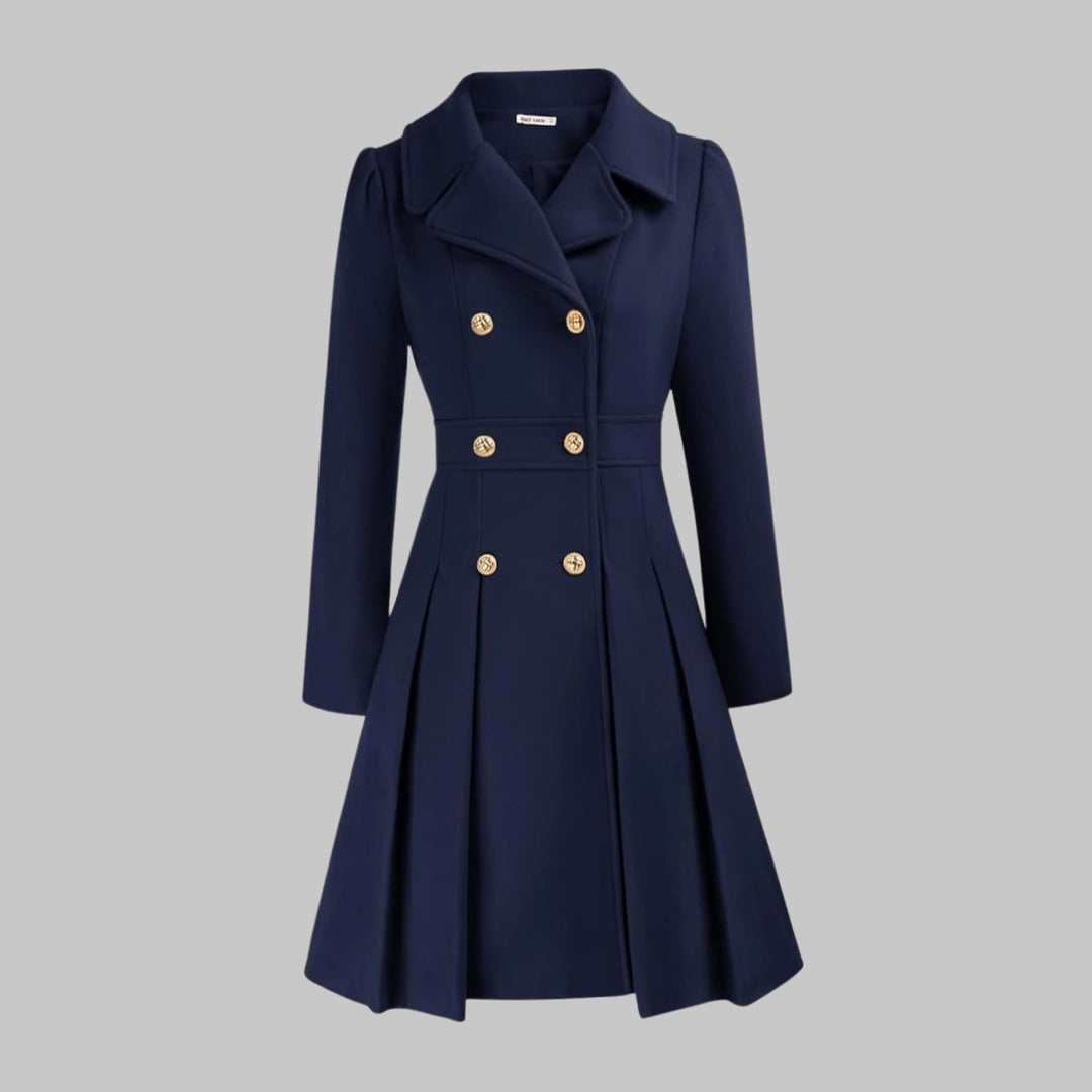 Women's Double-Breasted Pleated A-Line Wool-Look Coat - Dark Blue