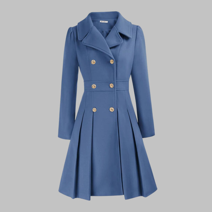 Women's Double-Breasted Pleated A-Line Wool-Look Coat - Grey Blue