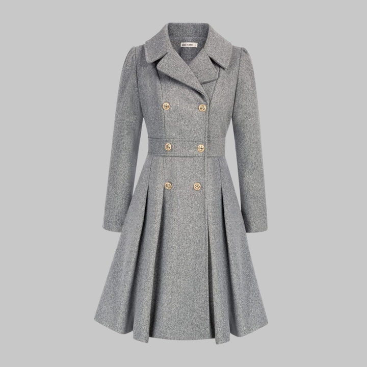 Women's Double-Breasted Pleated A-Line Wool-Look Coat - Light Grey