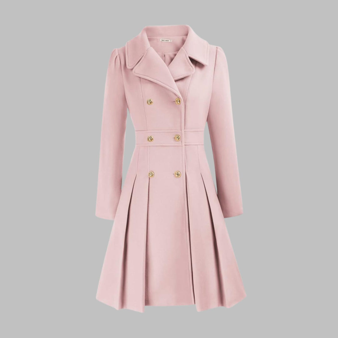 Women's Double-Breasted Pleated A-Line Wool-Look Coat - Light Pink