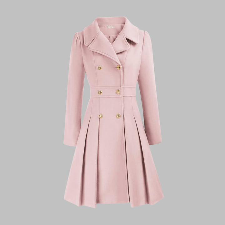 Women's Double-Breasted Pleated A-Line Wool-Look Coat - Light Pink