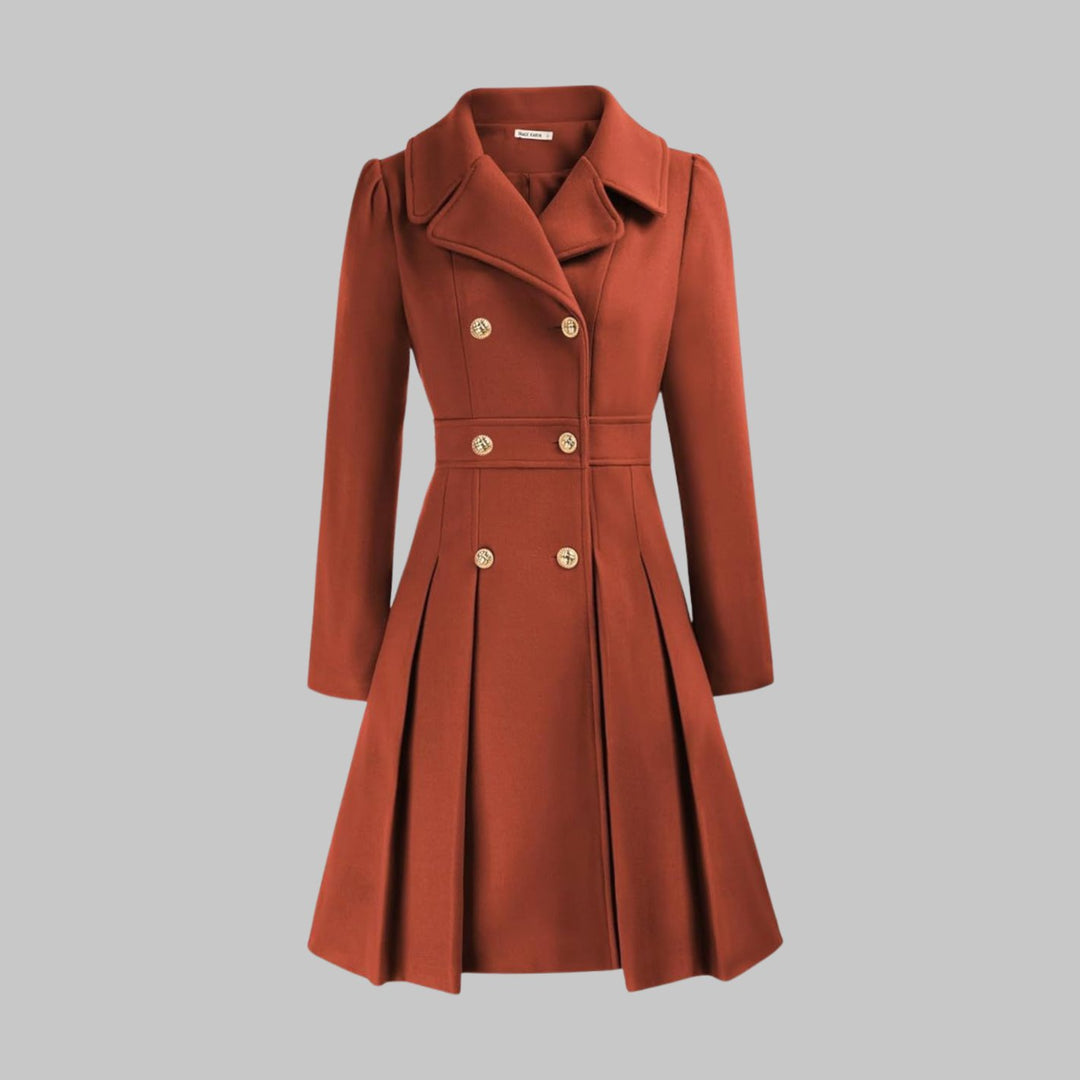 Women's Double-Breasted Pleated A-Line Wool-Look Coat - Orange