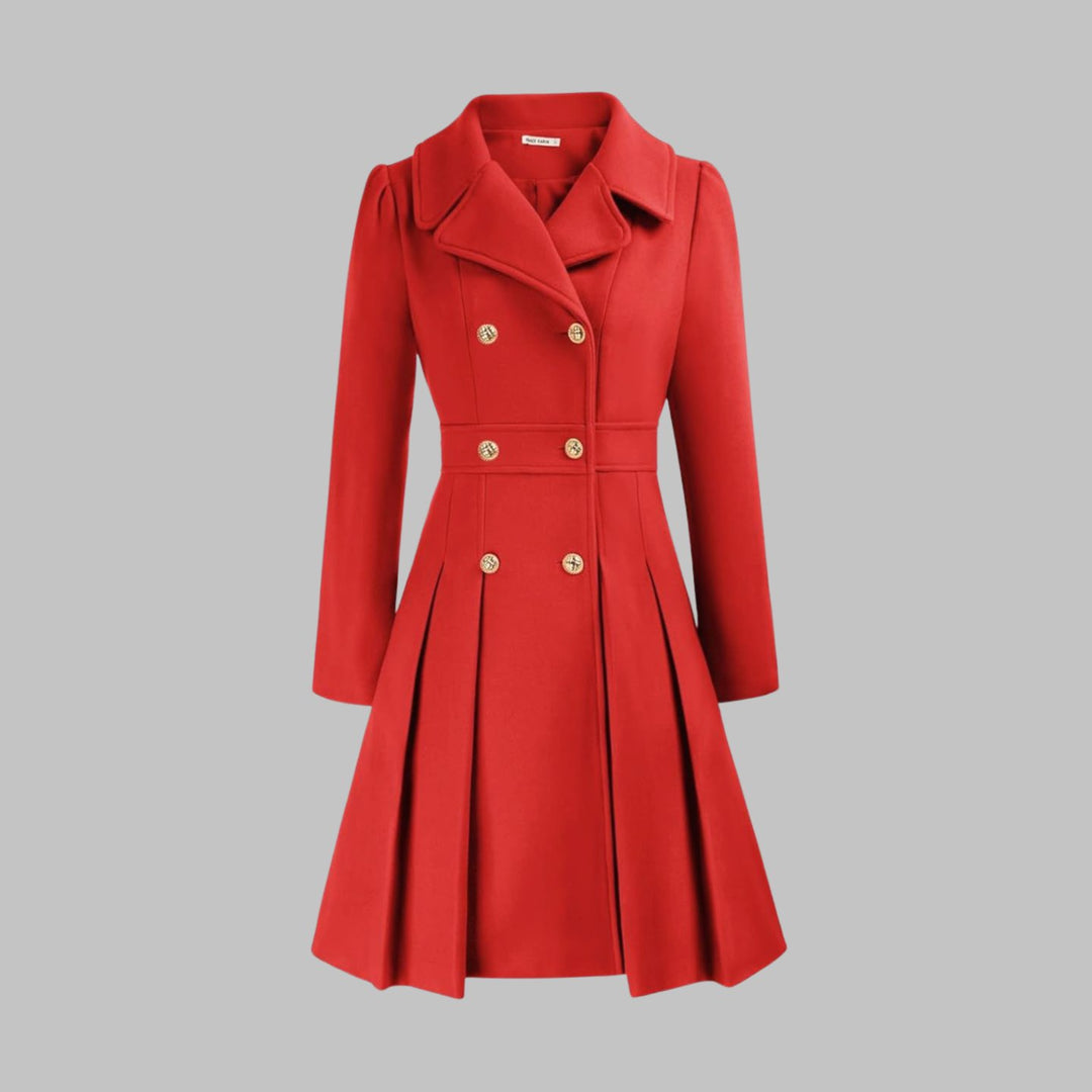 Women's Double-Breasted Pleated A-Line Wool-Look Coat - Red