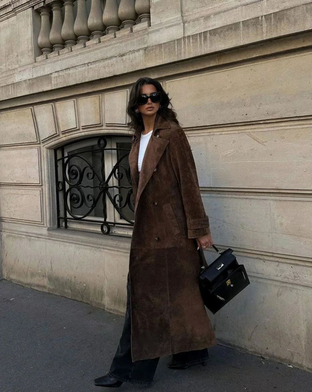 Women's Double-Breasted Suedette Maxi Trench Coat, Brown
