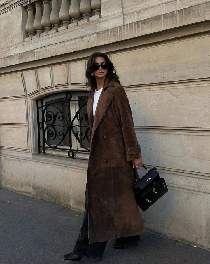 Women's Double-Breasted Suedette Maxi Trench Coat, Brown