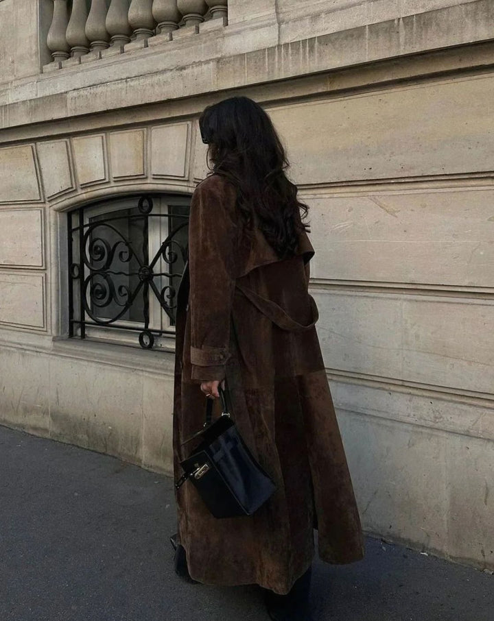 Women's Double-Breasted Suedette Maxi Trench Coat, Brown