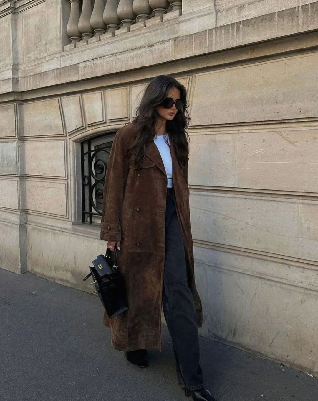 Women's Double-Breasted Suedette Maxi Trench Coat, Brown