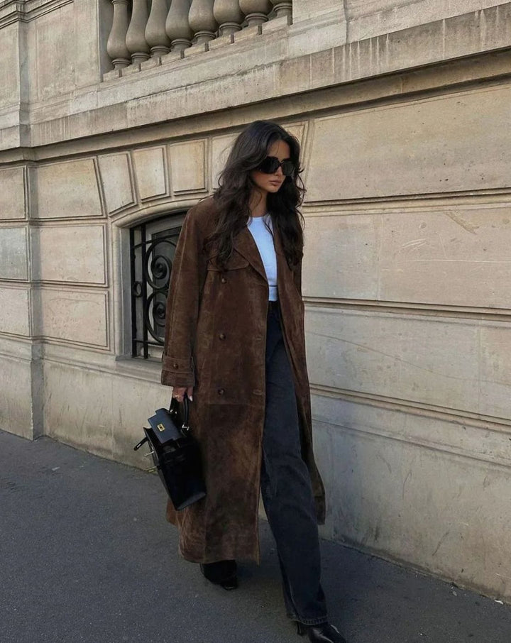 Women's Double-Breasted Suedette Maxi Trench Coat, Brown