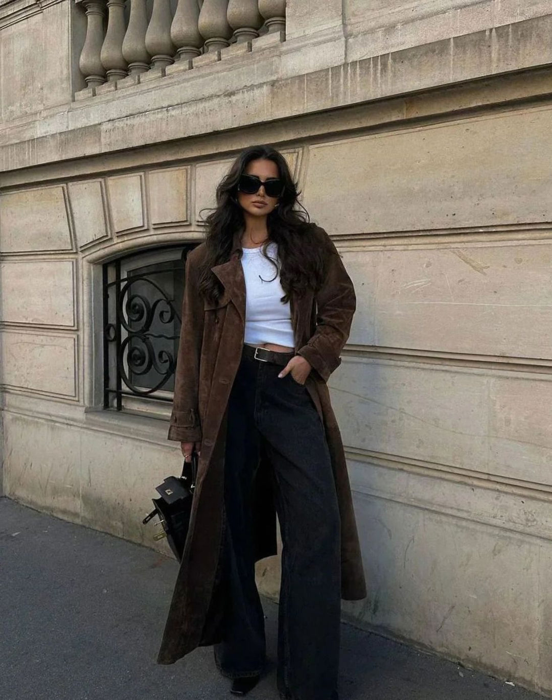 Women's Double-Breasted Suedette Maxi Trench Coat, Brown