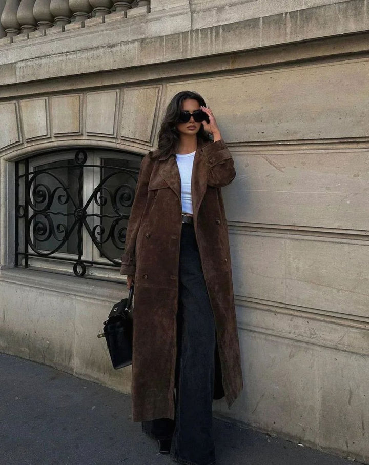 Women's Double-Breasted Suedette Maxi Trench Coat, Brown