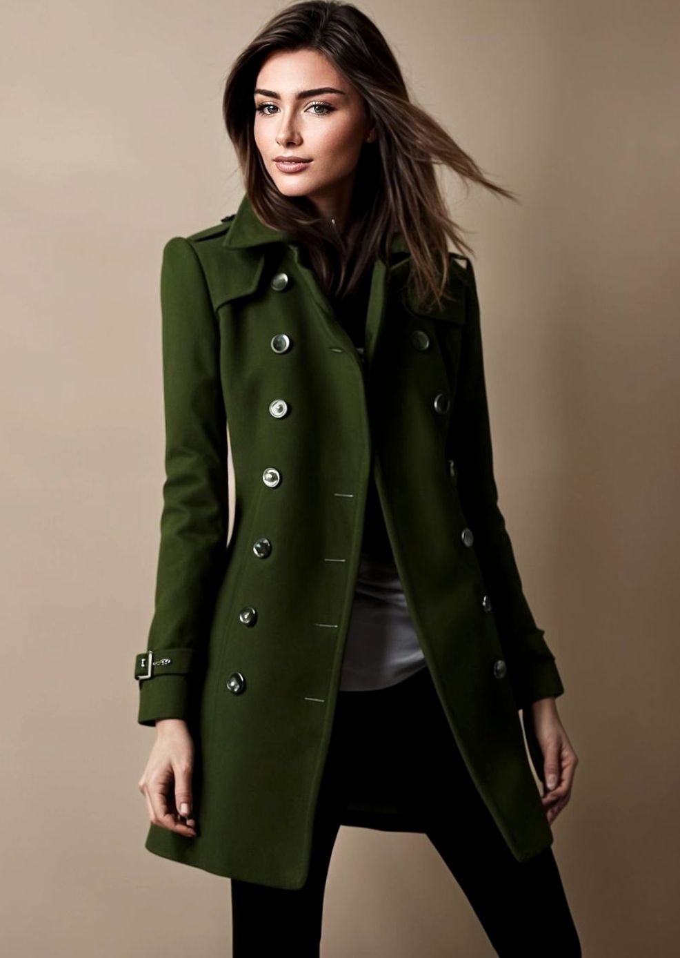 Women's Double-Breasted Tailored Trench Coat, Royal Blue - Green