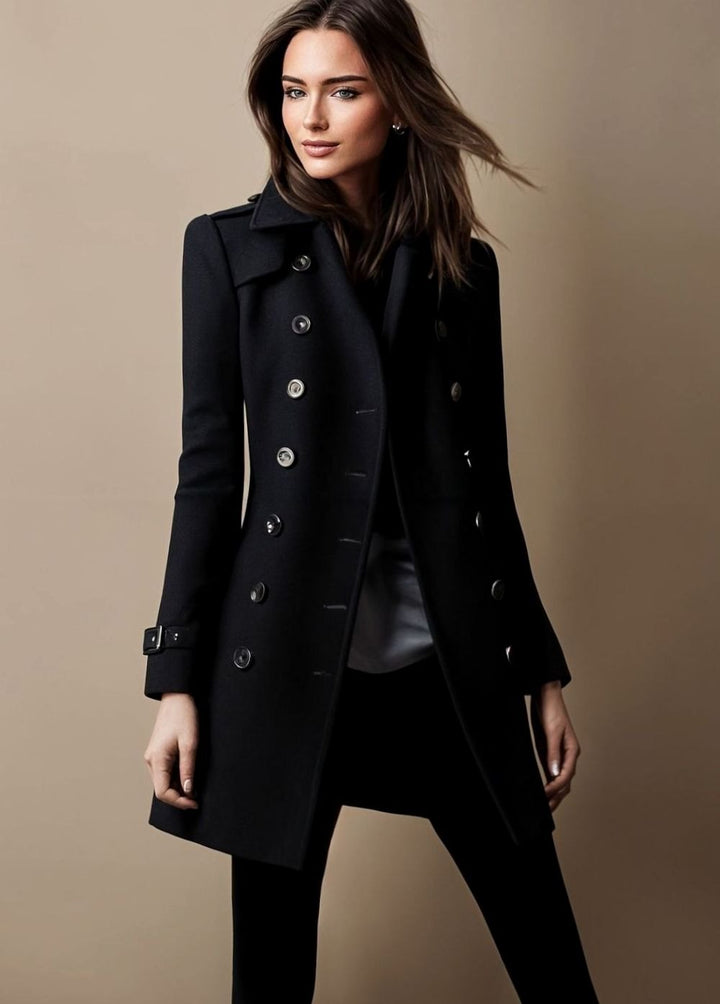 Women's Double-Breasted Tailored Trench Coat, Royal Blue - Black