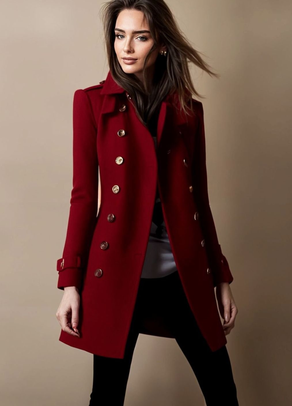 Women's Double-Breasted Tailored Trench Coat, Royal Blue - Red