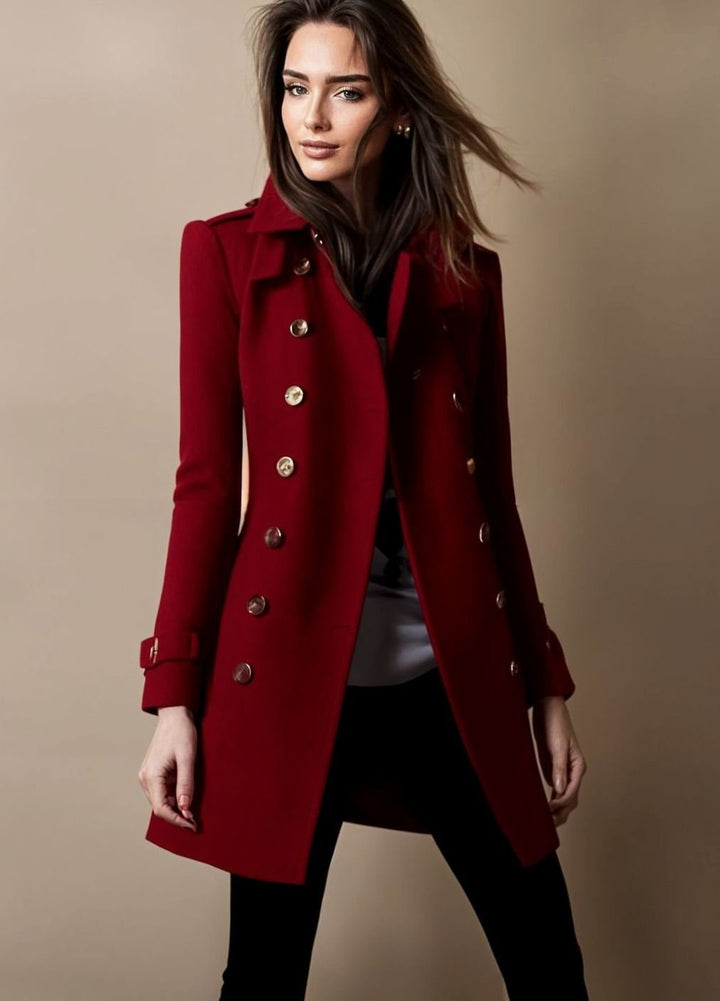Women's Double-Breasted Tailored Trench Coat, Royal Blue - Red