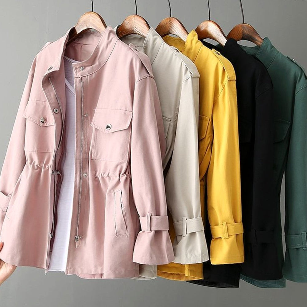 Women's Drawstring-Waist Zip-Up Short Trench Coat