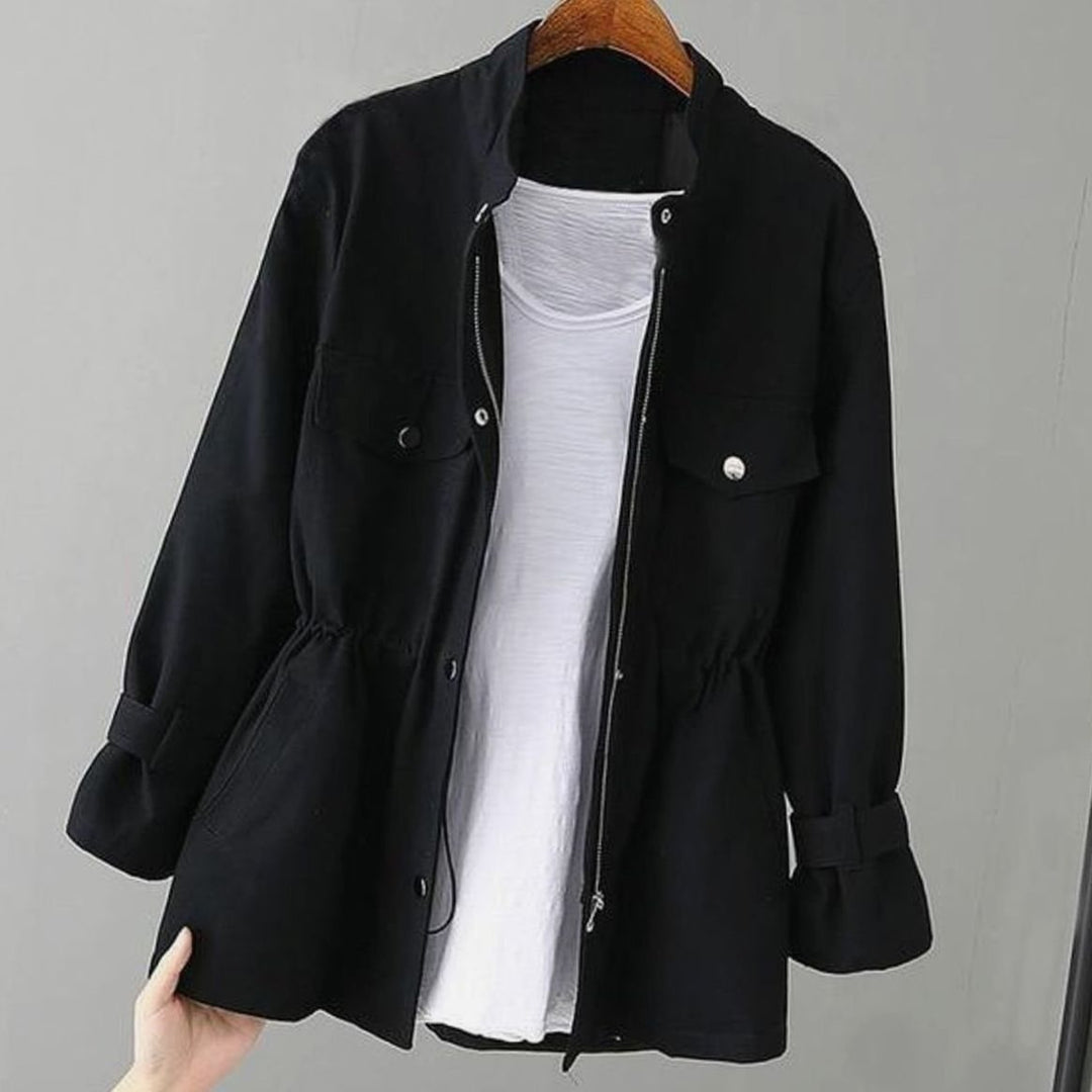 Women's Drawstring-Waist Zip-Up Short Trench Coat - Black
