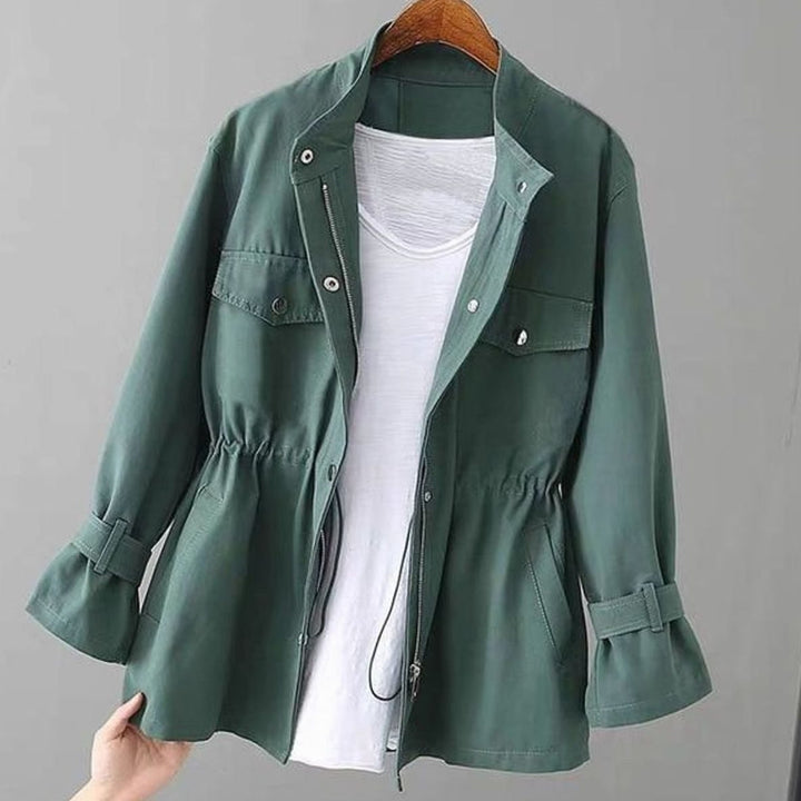 Women's Drawstring-Waist Zip-Up Short Trench Coat - Green