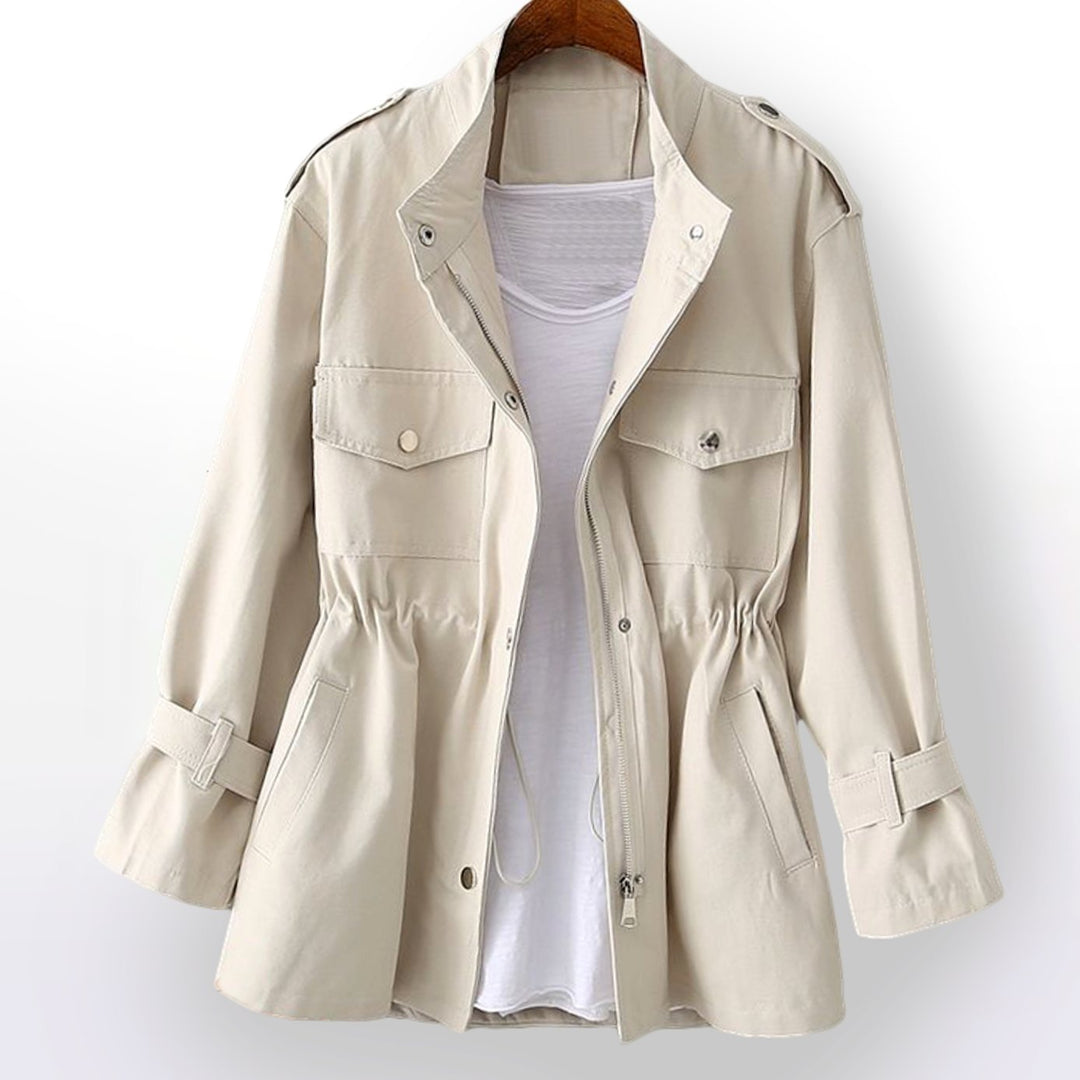 Women's Drawstring-Waist Zip-Up Short Trench Coat - White