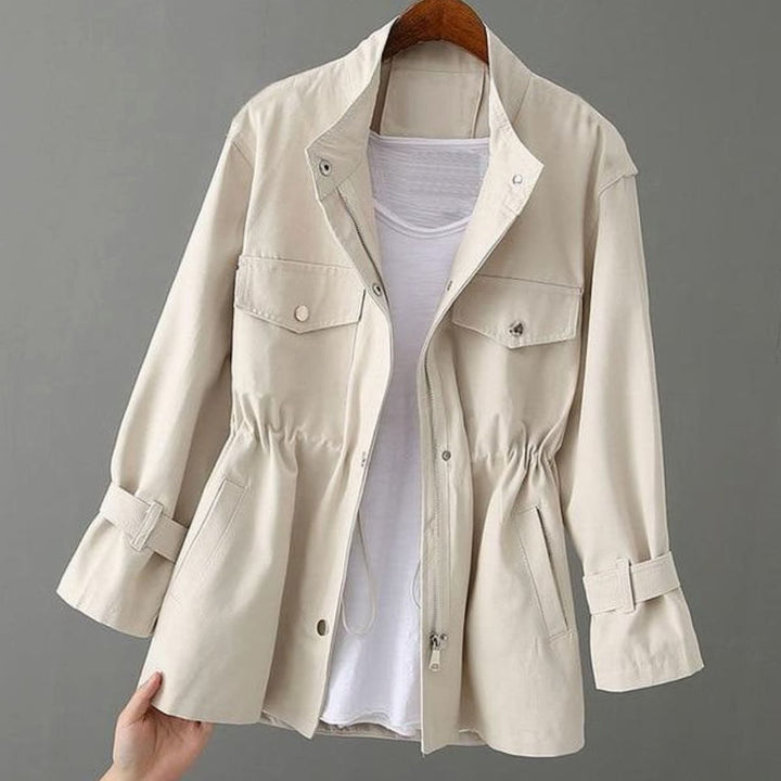 Women's Drawstring-Waist Zip-Up Short Trench Coat - Beige