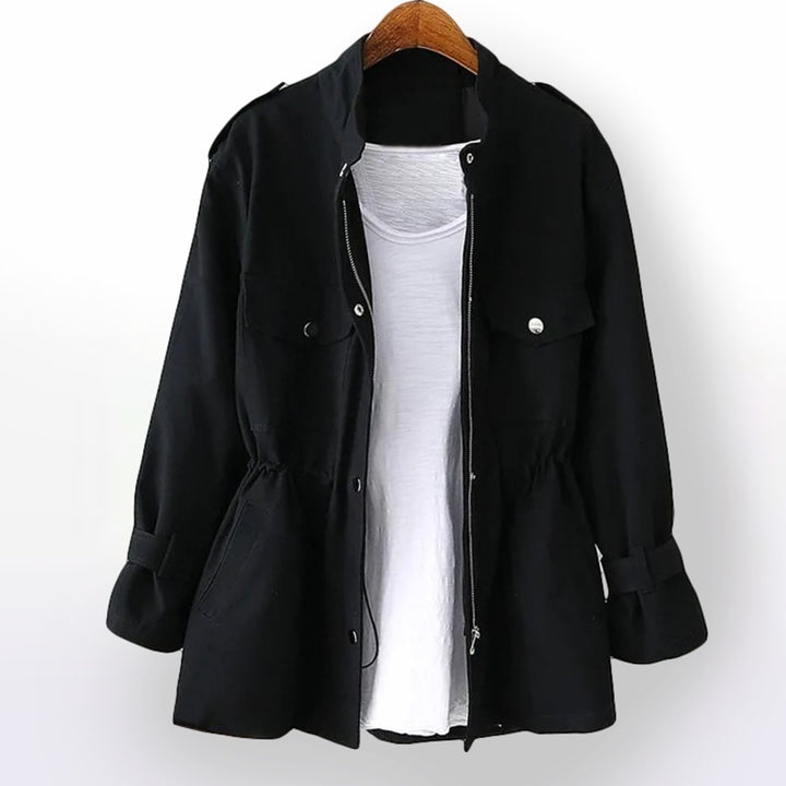 Women's Drawstring-Waist Zip-Up Short Trench Coat - Black