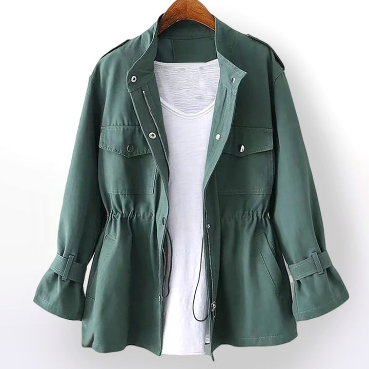 Women's Drawstring-Waist Zip-Up Short Trench Coat - Green