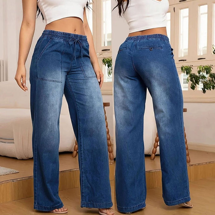 Women's Elasticated Drawstring Wide-Leg Jeans - Dark Blue